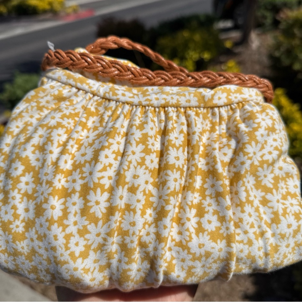 Women’s Large Dress Yellow‎ Ditsy Floral Braided Brown Belt Cap Sleeve Feminine